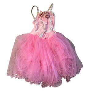 Pink Ballerina Princess Dress With Floral Accents & Tulle Skirt For Girls Size 4